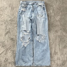 American Eagle Jeans Womens 8 Blue Super High Rise Baggy Wide Leg Ripped Denim
