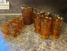Vtg MCM Indiana Whitehall Amber Glass Cubist Pitcher Glasses 17 Pc  Complete Set