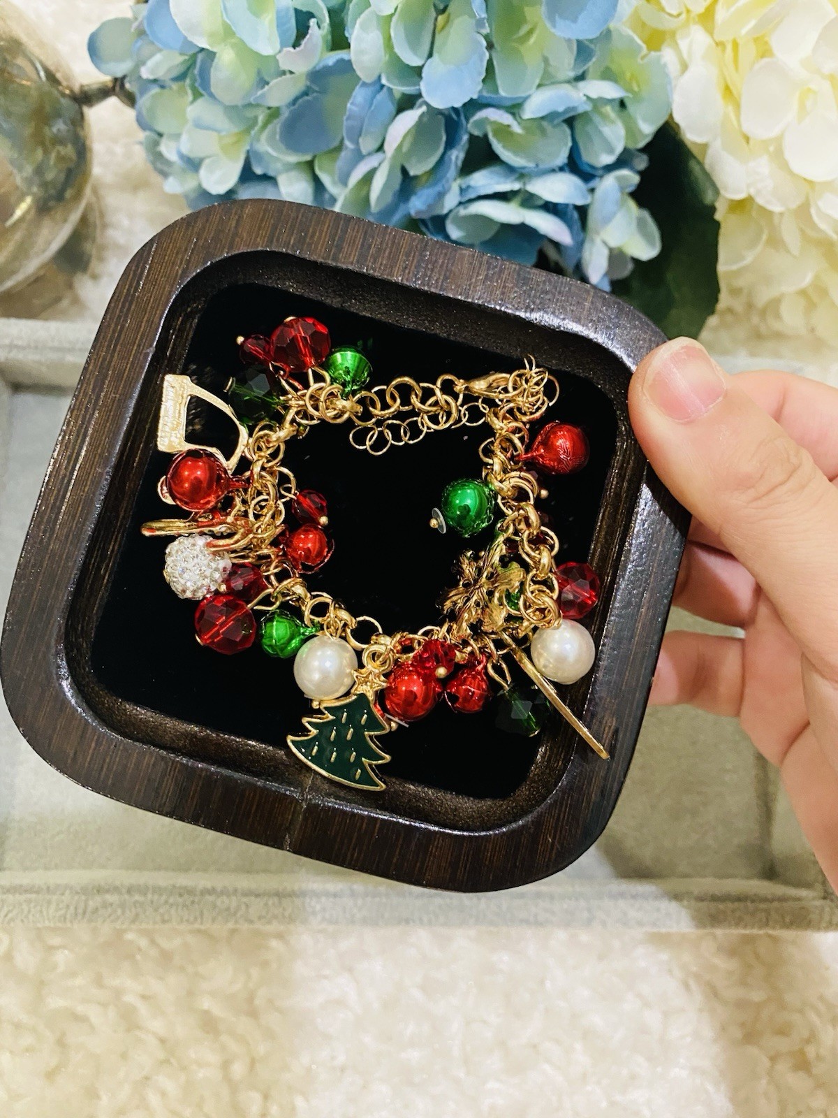 Christmas Charm Bracelet Red Green Gold Jingle Bells Holiday Jewelry