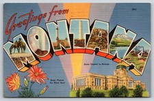 Greetings From Montana~Statue~Smokestack~Mountain~Large Letter Linen 1948 PC