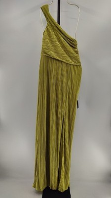Lulus Women Poised Performance Chartreuse Plisse One-Shoulder Maxi Dress L