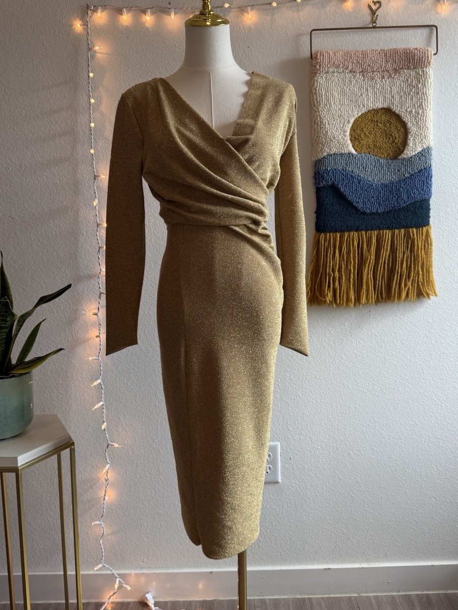Chiara Boni La Petite Robe Trumpet Midi Dress Gold Shimmer Size 40 Cocktail L/S Chiara Boni La Petite Robe Trumpet Midi Dress Gold Shimmer Size 40 Cocktail L/S