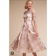 BHLDN embroidered floral tulle midi dress size 0 blush romantic wedding guest