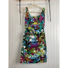 Suzi Chin Multicolor Leaf Print Ruched Mini Bodycon Dress Womens Size 10