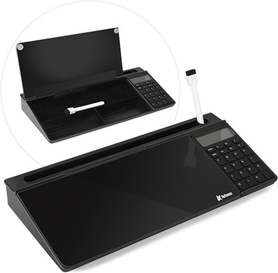 Glass Desk Whiteboard Gray with Calculator, Desktop Organizer Dry Erase White Bo