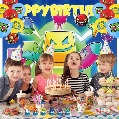 Geometry Dash Birthday Party Supplies Set Balloons Cake Toppers Banner - Picture 4 of 14