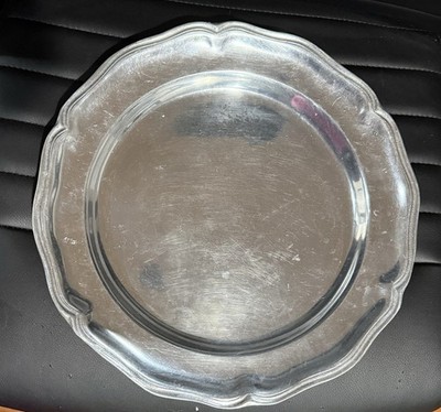 Round Pewter Platter Tray, Silver Satin Finish, Scalloped Rim, 13 in