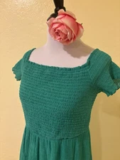 Aakaa Size Medium Smocked Stretch Maxi Boho Cottage Beach Green Sundress