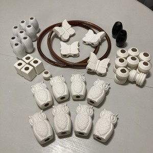 Vtg Macrame Unfinished Ceramic Butterflies, Owls; Wood Beads; 9" Plastic Rings