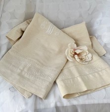 VTG Pottery Barn Linen Cotton Pillow Shams Beige embroidered monogram Cottage