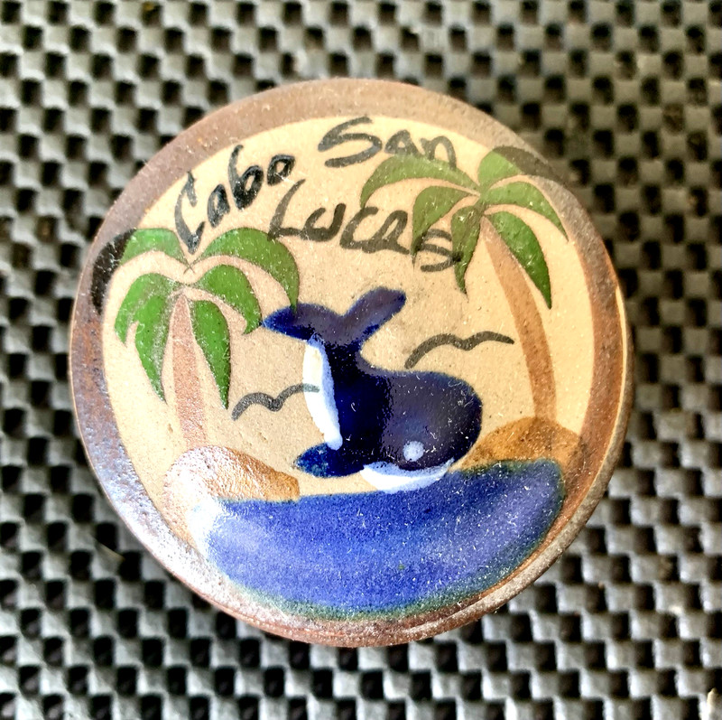 CABO SAN LUCAS ORCA HAND PAINTED POTTERY TWO PIECE TRINKET PILL BOX 2 1/2" X 2"