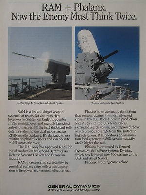 10/1991 PUB GENERAL DYNAMICS RAM ANTI SHIP MISSILE PHALANX GUN SYSTEM US NAVY AD