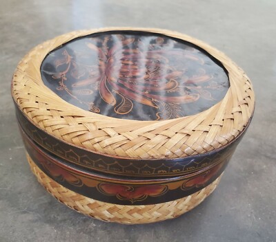 VINTAGE Vietnamese Woven Bamboo Ratan Lacquered Basket Round Trinket Box  Storage | eBay.de