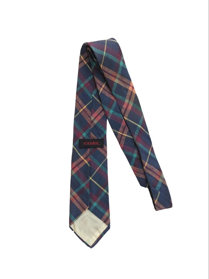 Corbata estrecha de algodón Madras hecha a mano a cuadros gallo vintage 3" Foto 2 de 4