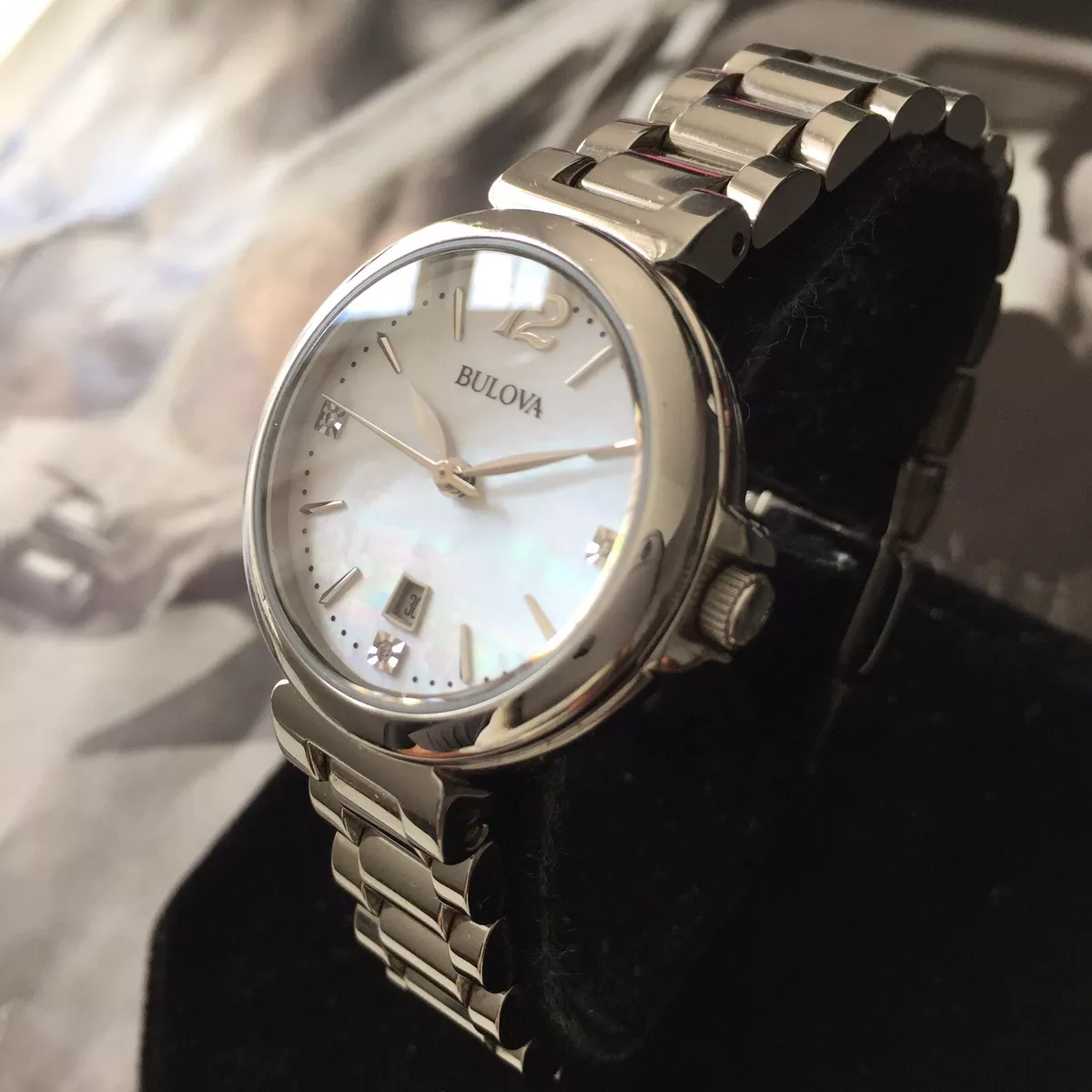 Ladies Bulova Dress Watch 96P149 Diamond Gallery Pearl Dial Steel