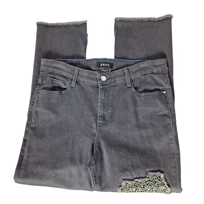 DKNY Women's Skinny Jeans Size 28 Sequined Cropped Ripped Gray Denim