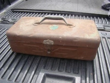 VTG J.C. Higgins Brown Metal Fishing Tackle Box  w/ Fold Out Tray Used & Abused