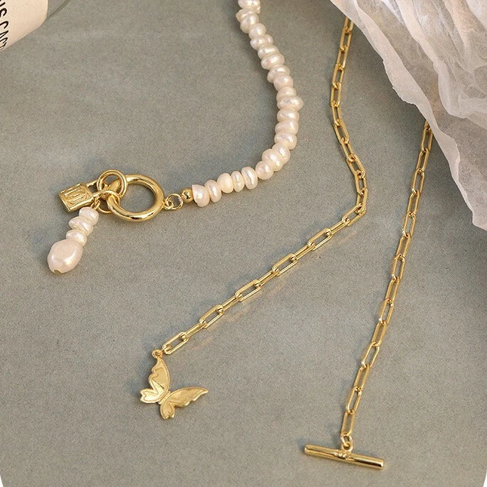 Gargantilla retro de perlas en capas mariposa chapado en oro de 18 quilates collar pulsera envolvente Foto 4 de 4