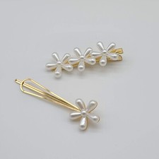 Gold Hair Clip  Pin Set, w White Pearl Flowers