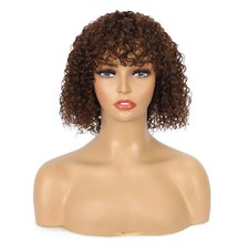 Short Curly Wave Wigs Brown Human Hair Wig with Bangs Full Machine Made Non Lace
