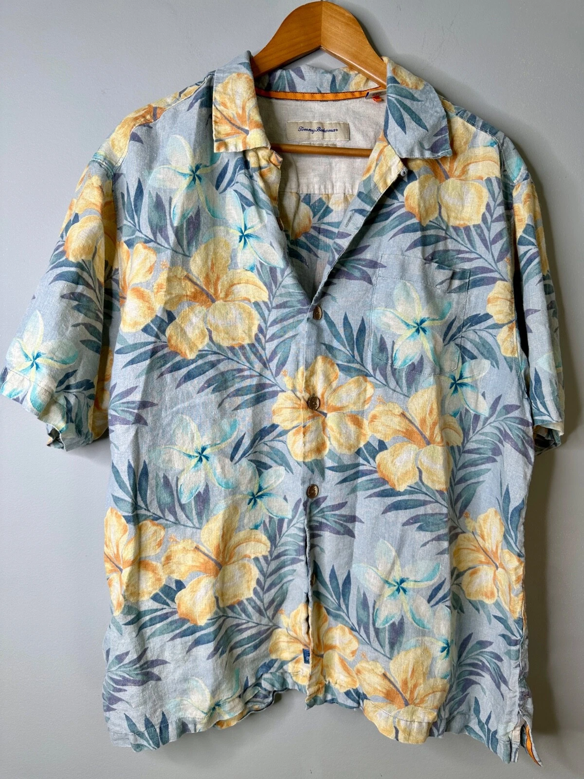Tommy Bahama Button Up Shirt Mens XL Blue Hibiscus Floral Linen Camp