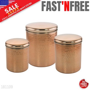 Set Of 3 Hammered Copper Kitchen Canisters With Lids Stainless