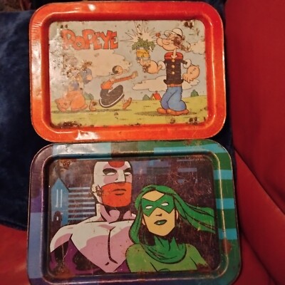 Vintage Metal Breakfast Trays-Popeye & Super Hero. FREE S&H & REFUND OPT