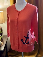 NWOT LL. Bean 100 Cotton Anchor Print Cardigan Coral 3/4 Sleeve Women's Size M