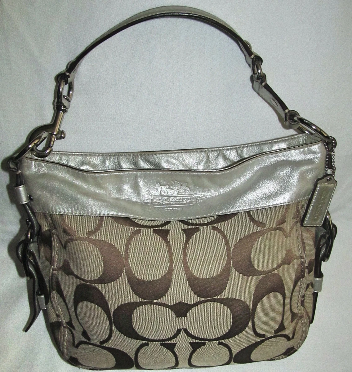Coach Zoe Brown Signature Metallic Silver Large Satchel Tote Shoulder Bag Purse