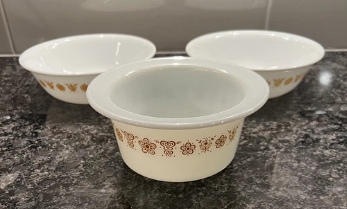 3 Vintage Corelle Pyrex Corning Glass Butterfly Gold Bowls