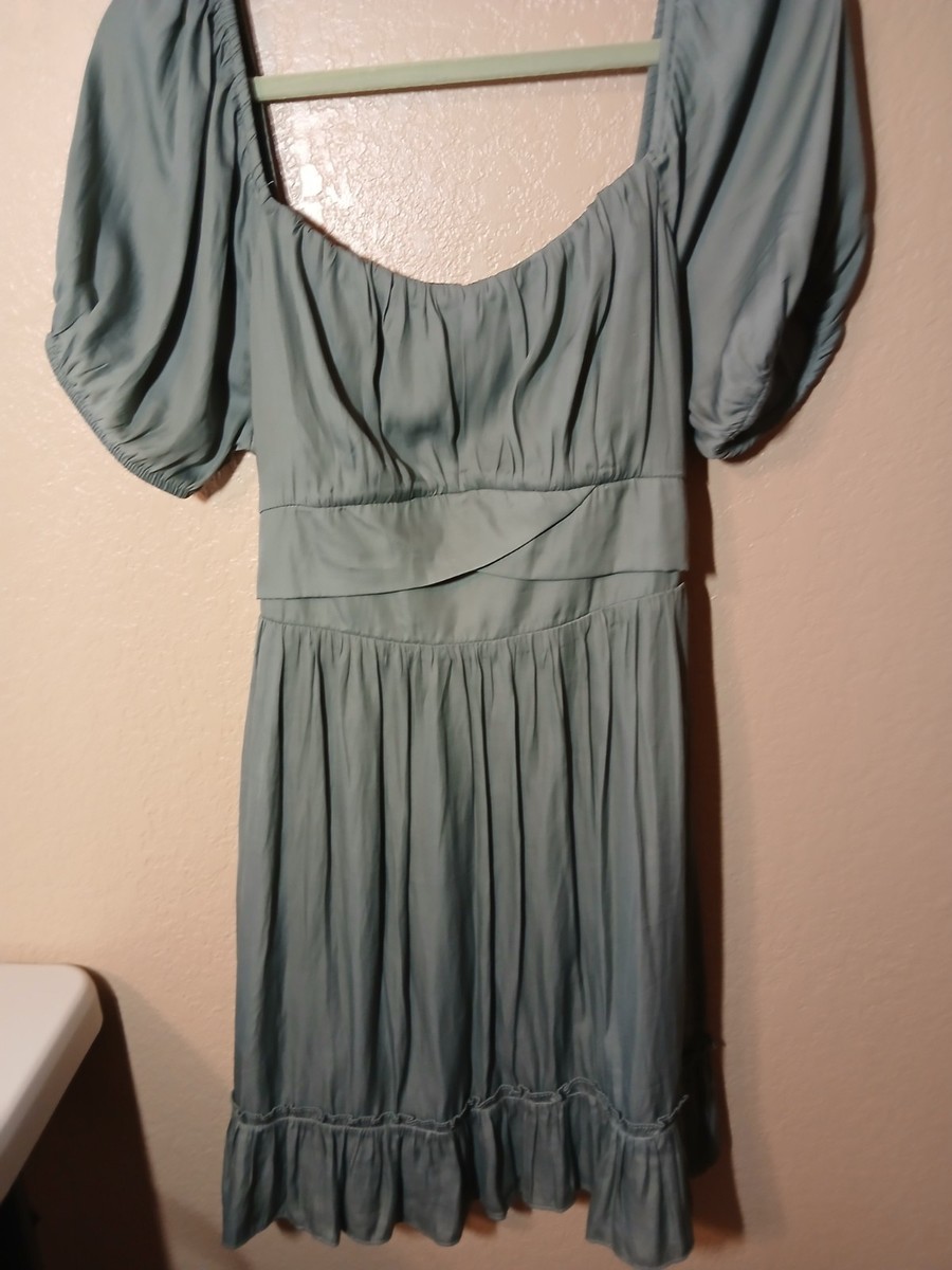 altar'd state green ruffle dress Puff Sleeve Tie Back Short A-Line Size L care-Dry Clean