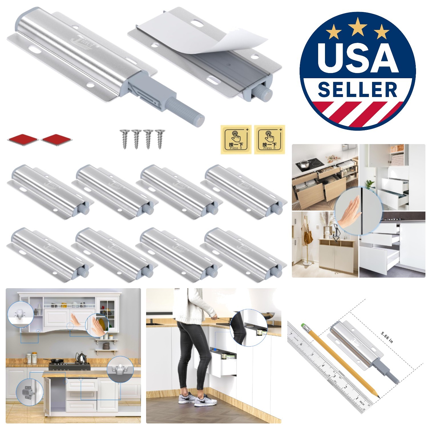 Durable Aluminum Push to Open Latches - 10 Pack for Seamless Cabinet Access