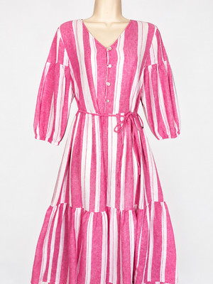 M&S Collection Midikleid UK 10 rosa weiß gestreift Leinenmischung Knopfleiste neu mit Etikett
