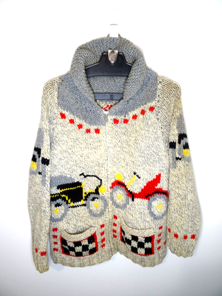 Vintage Cowichan Wool Chunky Hand Knit Cardigan Zip Sweater Womens