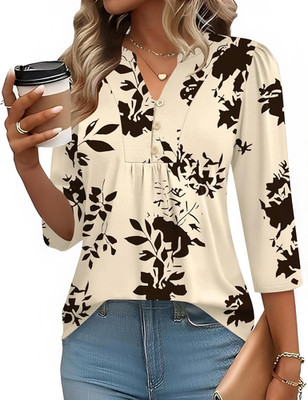 Damenbluse 3/4 Arm V-Ausschnitt Sommer Top Tunika Glattknopfleiste