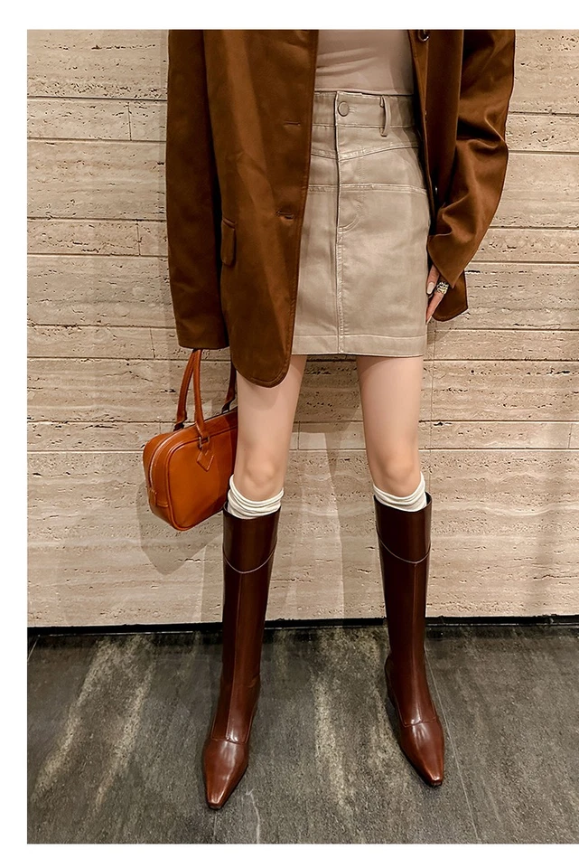 Chic Botas Para Mujer Tacón Alto Punta Cuero Retro Marrón Caballero Hasta la Rodilla - Imagen 4 de 4