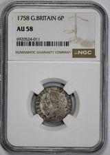 1758 Great Britain Silver 6P Sixpence NGC AU 58