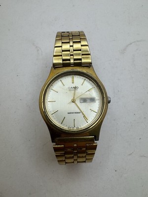 Casio MQ-514 Watch Men 33mm Silver Dial Gold Tone Round Daydate New Battery