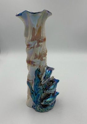 Vintage Iridescent Dolphin Vase B16601 Ocean Scene Sea Life Ceramic 8'' Tall