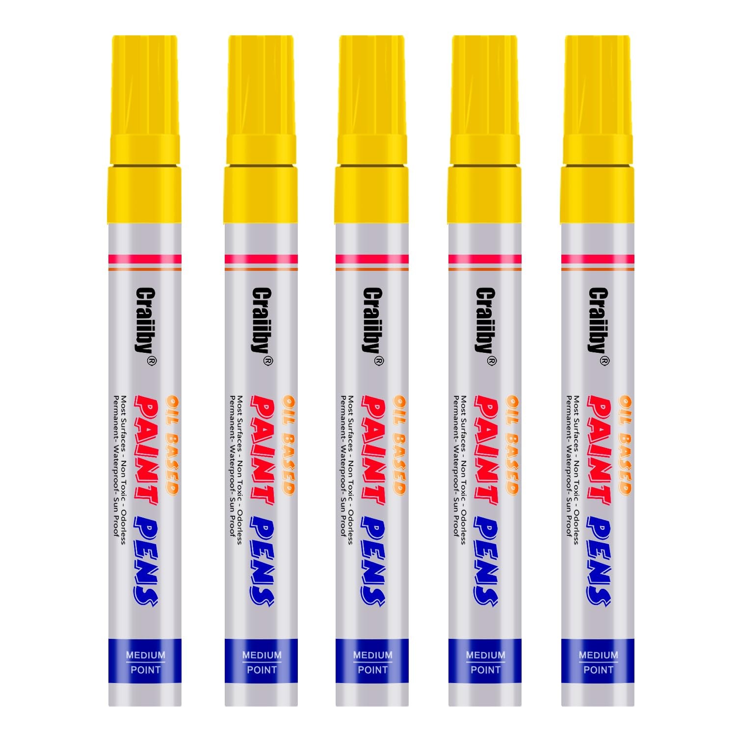 Yellow Paint Markers, 5 Pack Oil-Based Waterproof Quick Dry Permanent Paint Pen