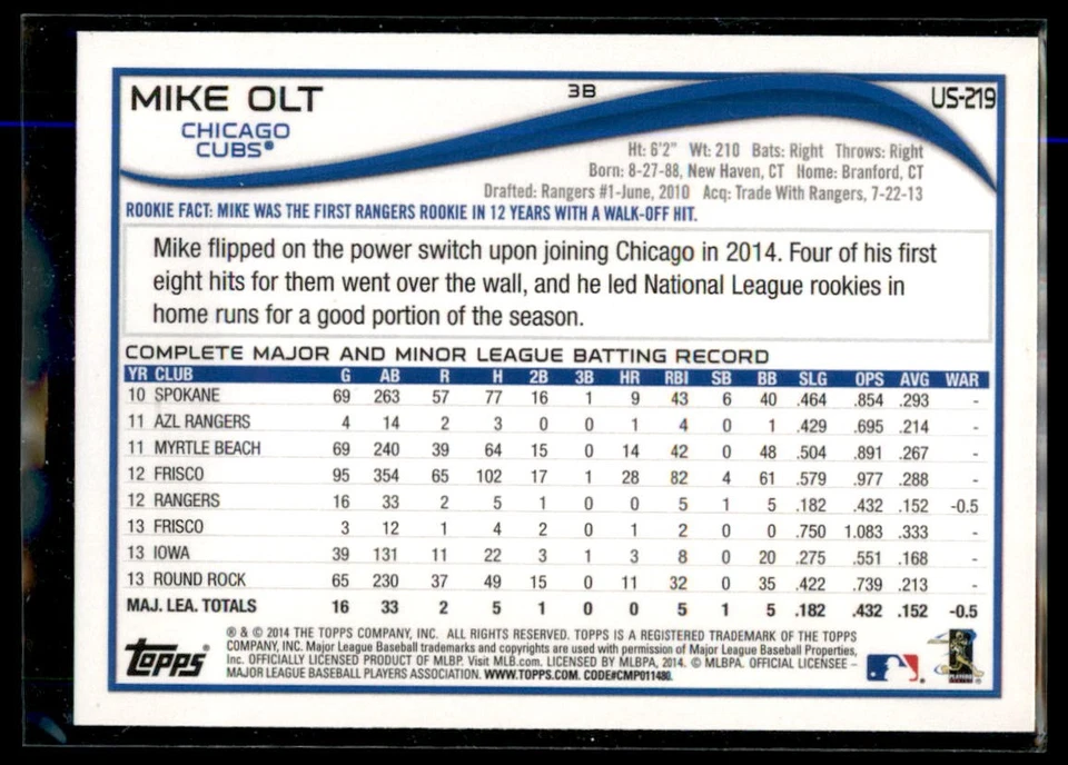 2014 Topps Update Mike Olt #US-219 Chicago Cubs - Image 2 of 2