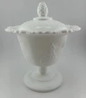 Vintage Indiana Milk Glass Harvest Grape Open Lace Candy Dish W/lid On Pedestal