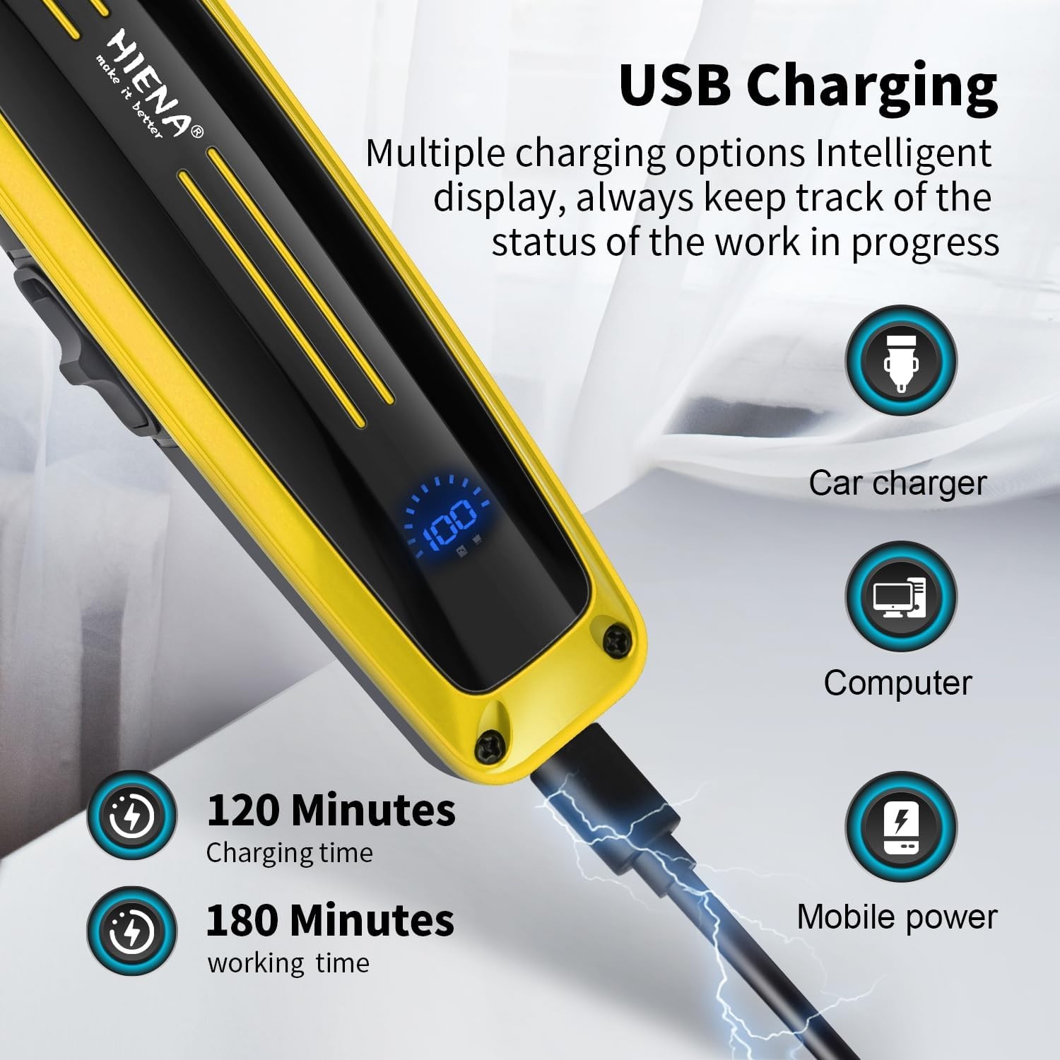 HIENA PRO Professional Electric Hair Trimmer for Men, Cordless Clipper Gold 