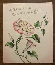 Vintage 1940's New Baby Girl Newborn Congratulations Card Pink Flower Bed P4c