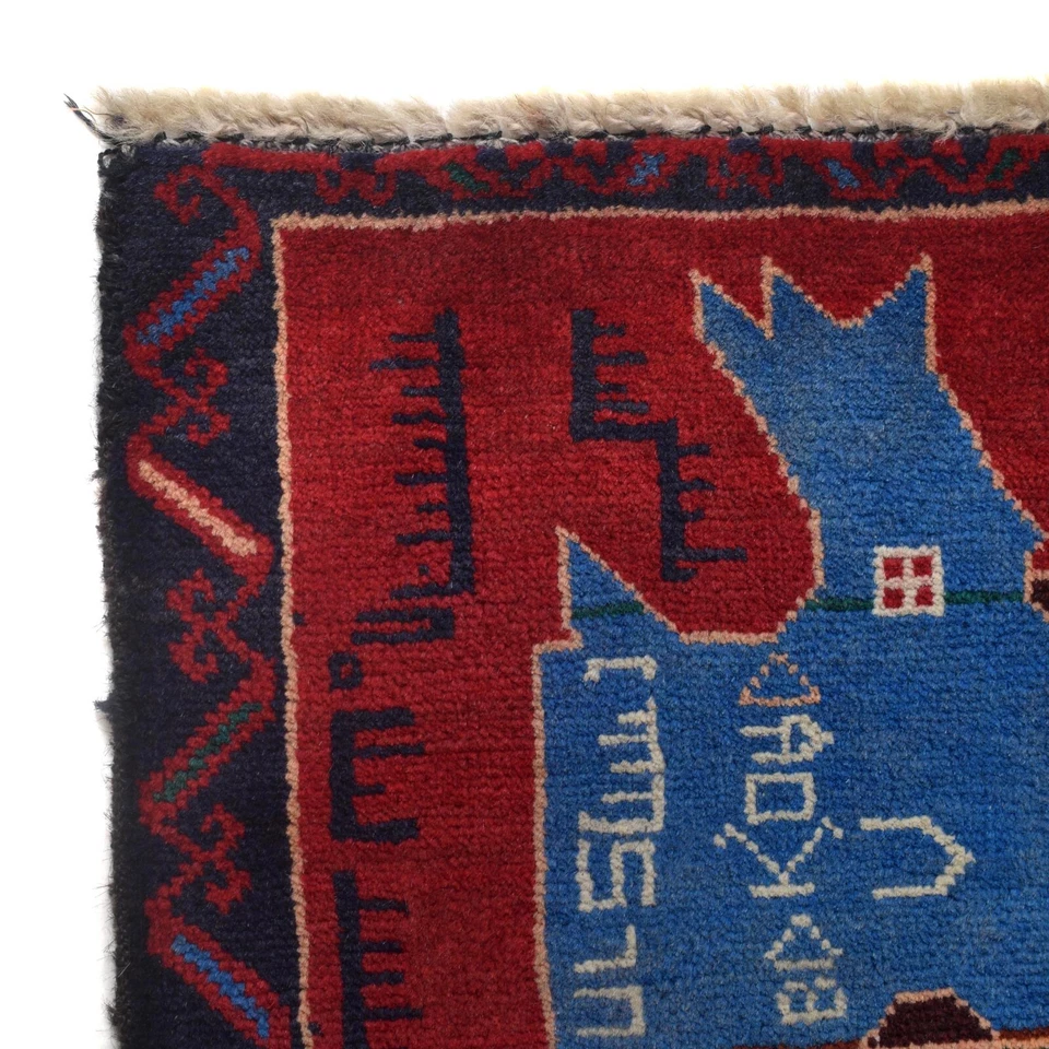 Red Map Pictorial Design Afghan Handmade Oriental Wool Decor Rug 2'10x4'5 G15292 - Image 3 of 4