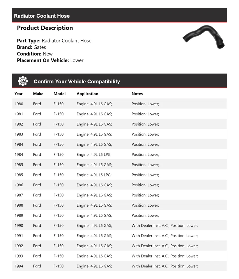 Manguera de refrigerante de radiador puertas inferiores para Ford F-150 1980-1994 1981 1982 1983 1984 Foto 2 de 4