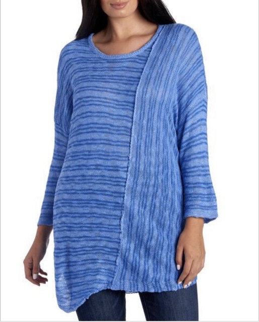 1X Democracy Blue Fine Knit Tunic Sweater Asymmetrical 3/4 Sleeves Slimming | eBay