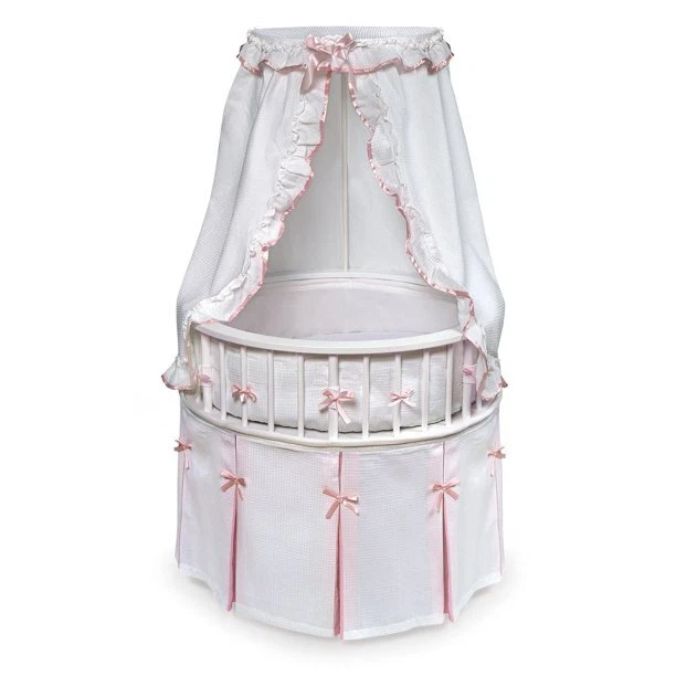 Badger Basket Round Baby Bassinet W White Waffle and Pink Bedding 917