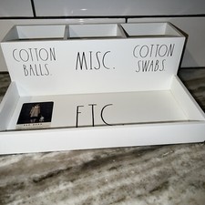Rae Dunn White Wood Tray Bathroom Set Cotton Balls  Swabs Misc. Etc. NWT Rare