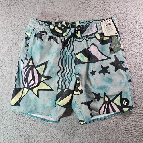 NWT Volcom Stoneys Board Shorts Swim Trunks Men Medium Geometric Green Black